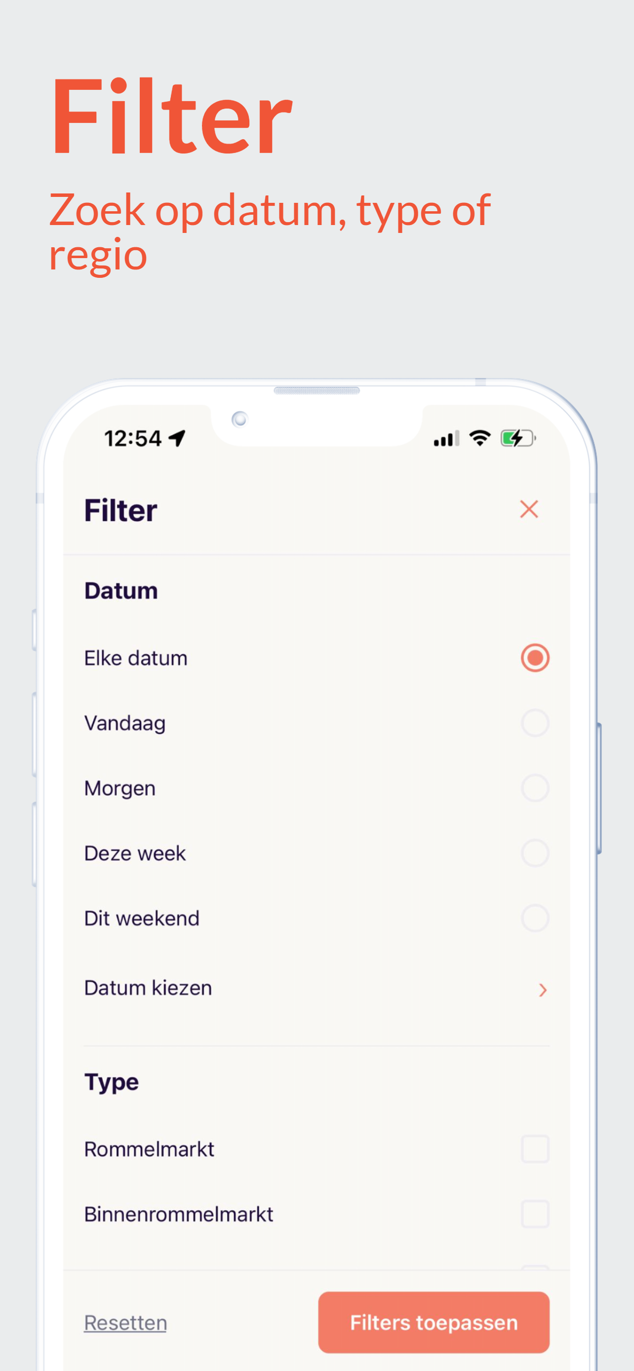 Bazaarzoeker app - filter op datum, type of regio
